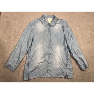 Chico's Blouse Shirt Blue Chambray Button Side Zippers w/ lace Size 2 Large‎ L